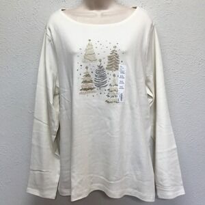 Croft & Barrow Holiday Shirt Womens XXL Cream Trees Classic Long Sleeve Glitter